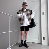 モヘアチェックドロストデザインvest/ベージュ