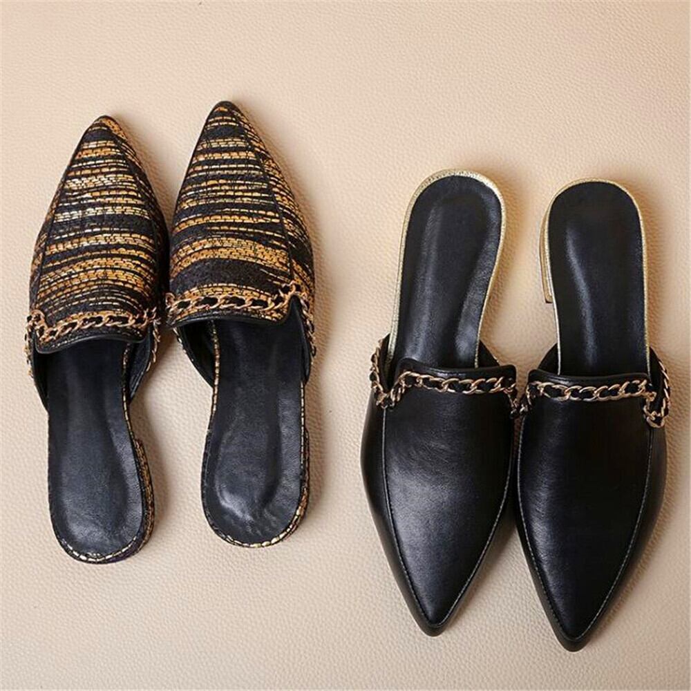 【新作】【送料無料】 ゴールドジャカードコットンミュールマルフラットスリッパシューズレディーススプリングポインテッドトゥドレススライドシューズレディースレザーチェーン 靴 春物 10b362281959493
