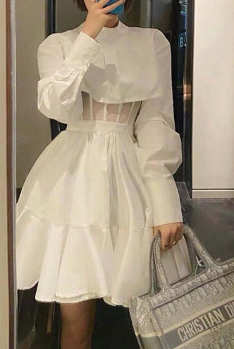 ワンホンコーデ 可愛い フェイクツーピースワンピース ホワイト S L Ib Sweet By Qoosilk ワンホンコーデ 可愛い フェイクツーピースワンピース ホワイト S L Ib Sweet By Qoosilk