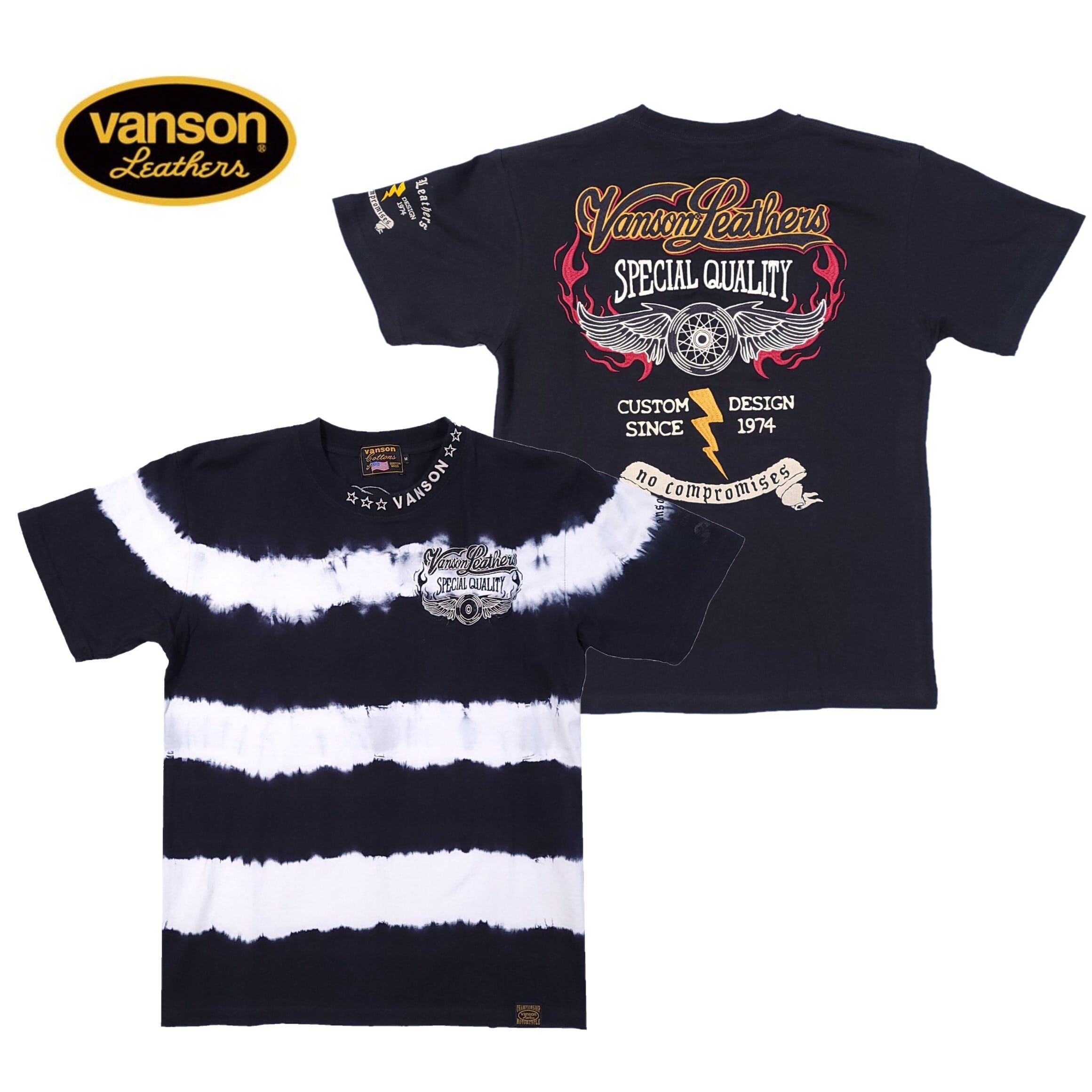 バンソン VANSON  フライングホイール ボーダージャガードTシャツ　黒XL