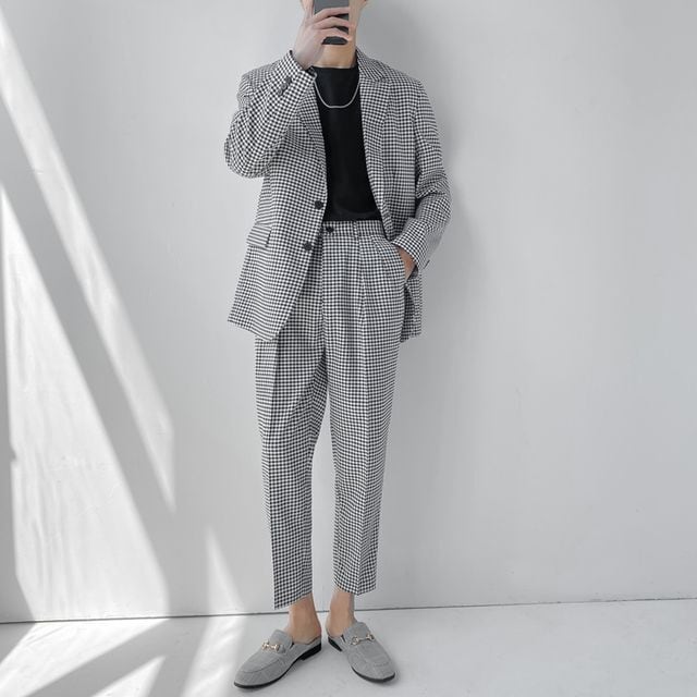 【予約販売】メンズ スーツ 千鳥格子柄 総柄 シングル レトロ シック スリム きれいめ 男前 ブラック ベージュ フォーマル ジャケット パンツ セット セットアップ パーティ 二次会 同窓会 結婚式 韓国 トレンド 大きいサイズ M/L/XL/2XL