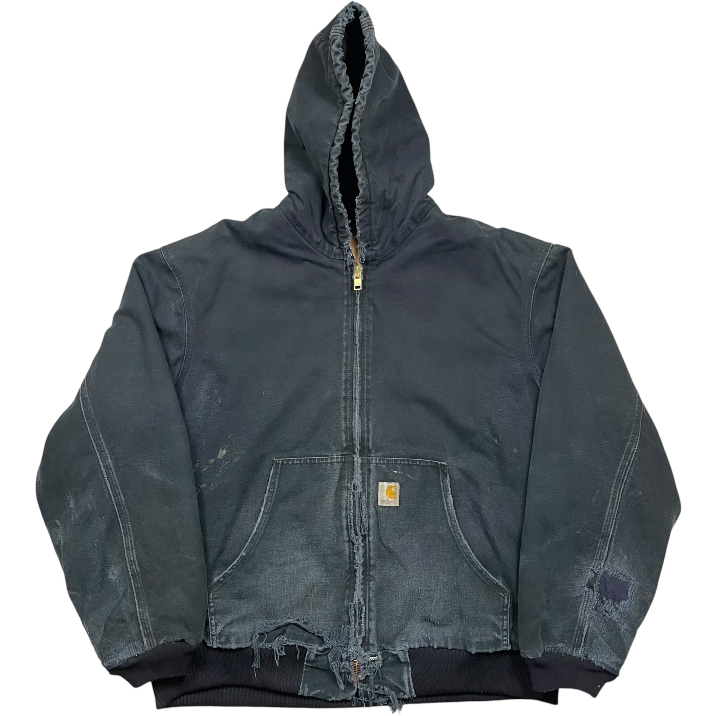 《XL》Carhartt カーハート アクティブジャケット ダックジャケット ブラック ワンポイントロゴ フェード ハチノス ダメージ リペア有 no.9798