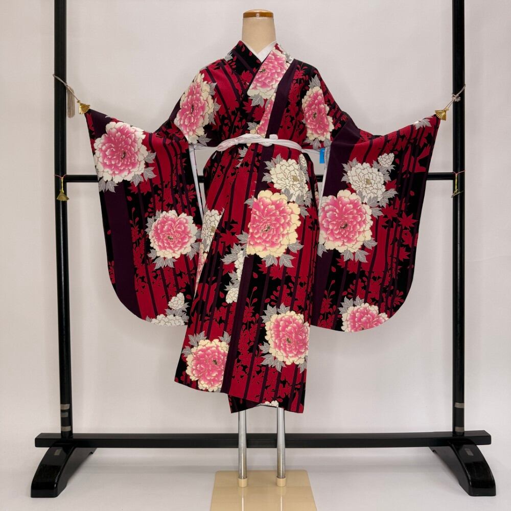二尺袖 単品 卒業式着物 黒 裄70cm LLサイズ 袴用着物 化繊 中古 5809