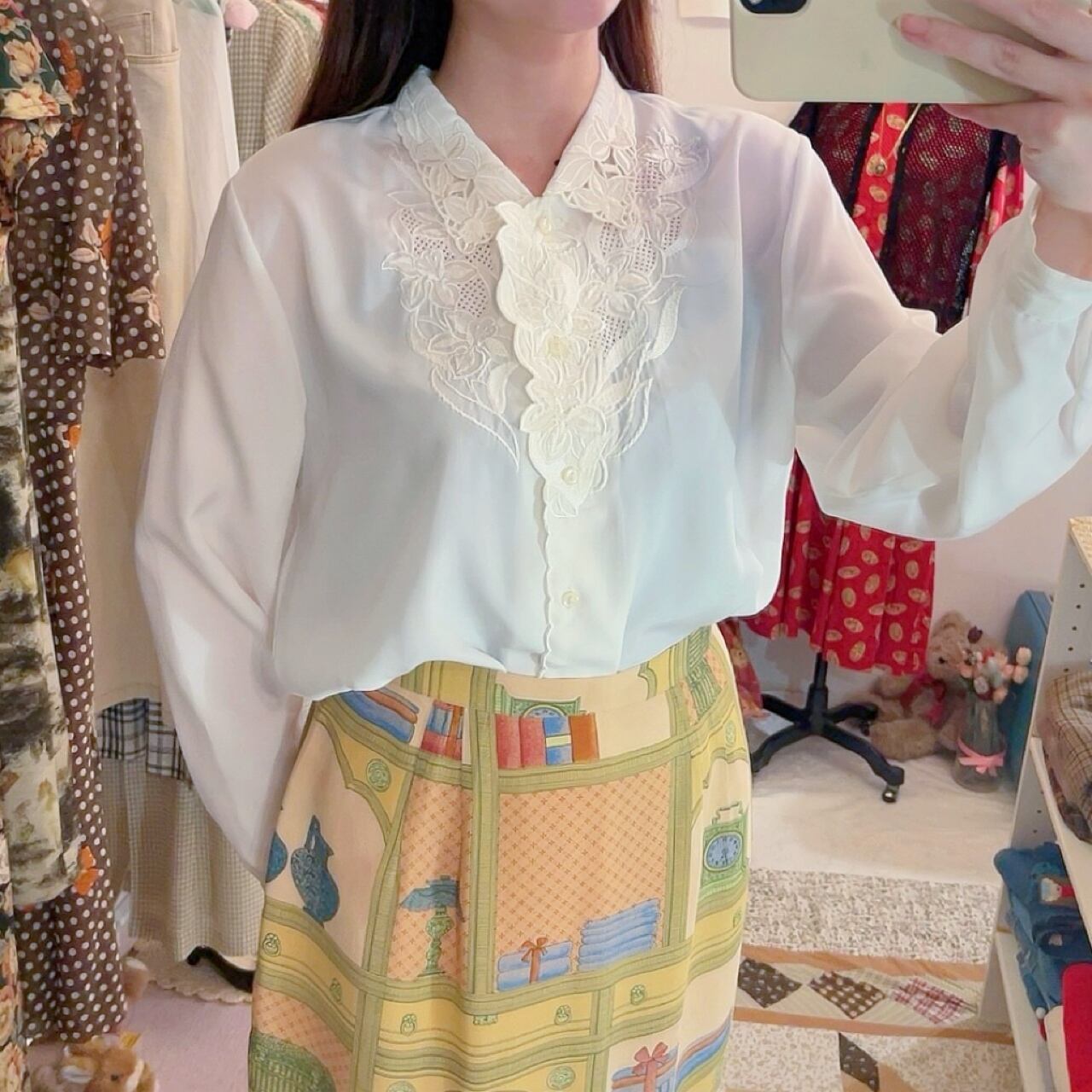 flower embroidery white blouse