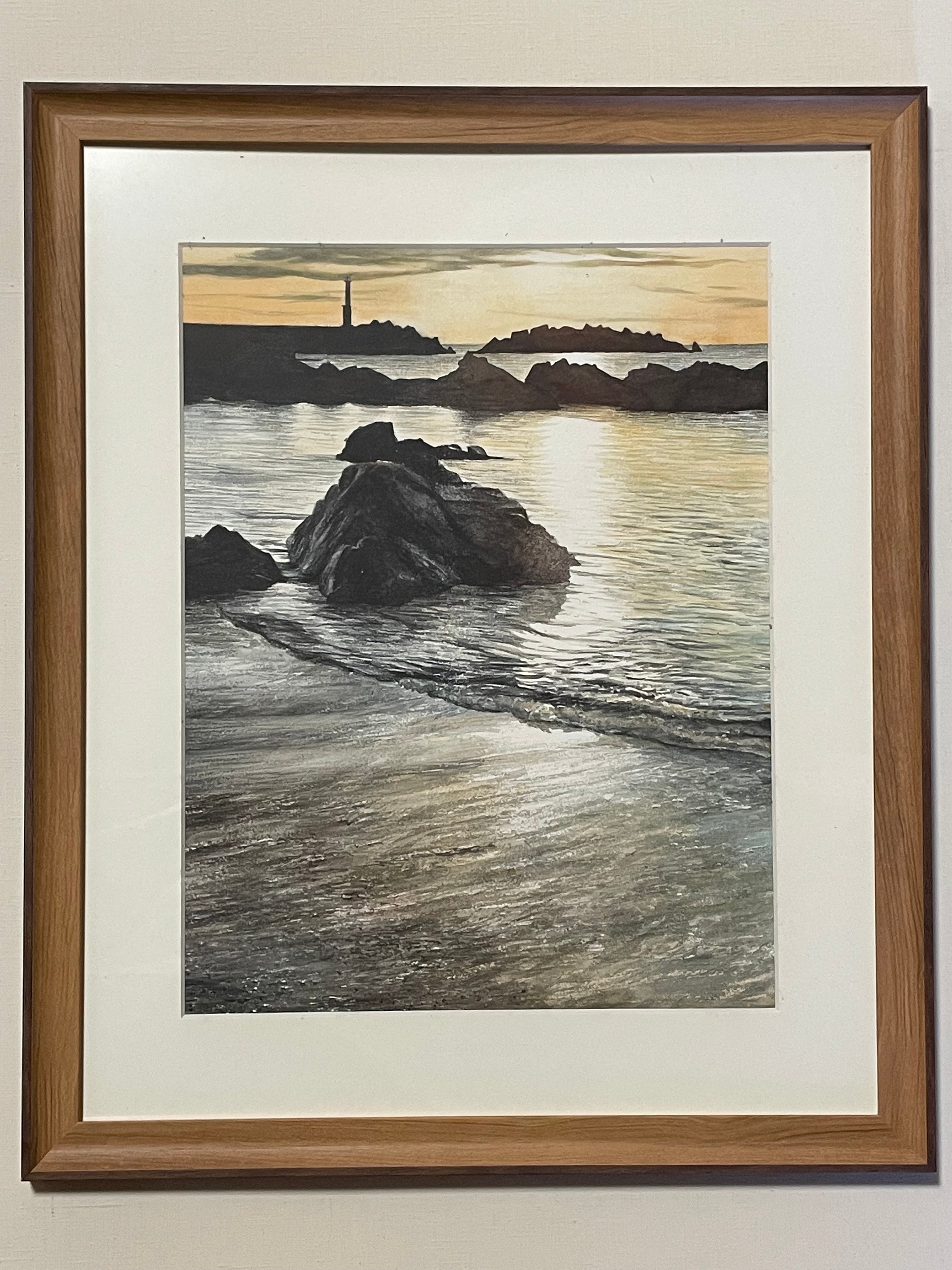 海の風景 水彩画 額装済み 原画 F6サイズ 水彩画 漁村の風景 2013年作