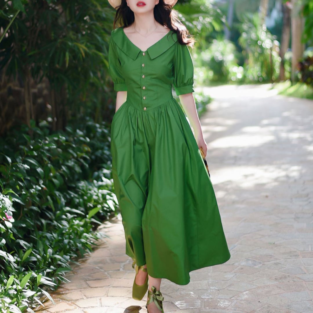 Grande Vネック×バルーンスリーブ ヴィンテージワンピース 00397