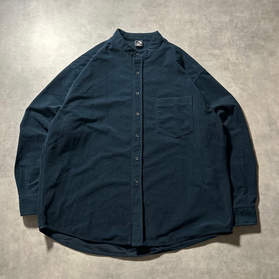 ヴィンテージ コーデュロイ バンドカラー ネイビー レトロ デザイン シャツ