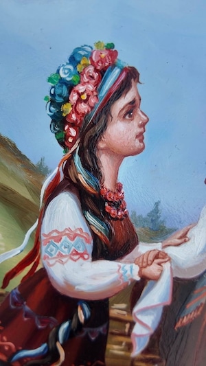 【コサックと少女】ペトリキウカ塗りのプレート　40cm