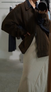 予約販売 | i’m here : - “DOCKING” JACKET ：Brown｜異素材ドッキング／顔料プリント／バイオウォッシュ／ヴィンテージレザーのような表情／ダブルファスナー