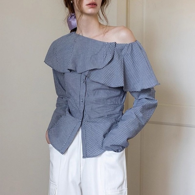 frill off shoulder stripe blouse   101535