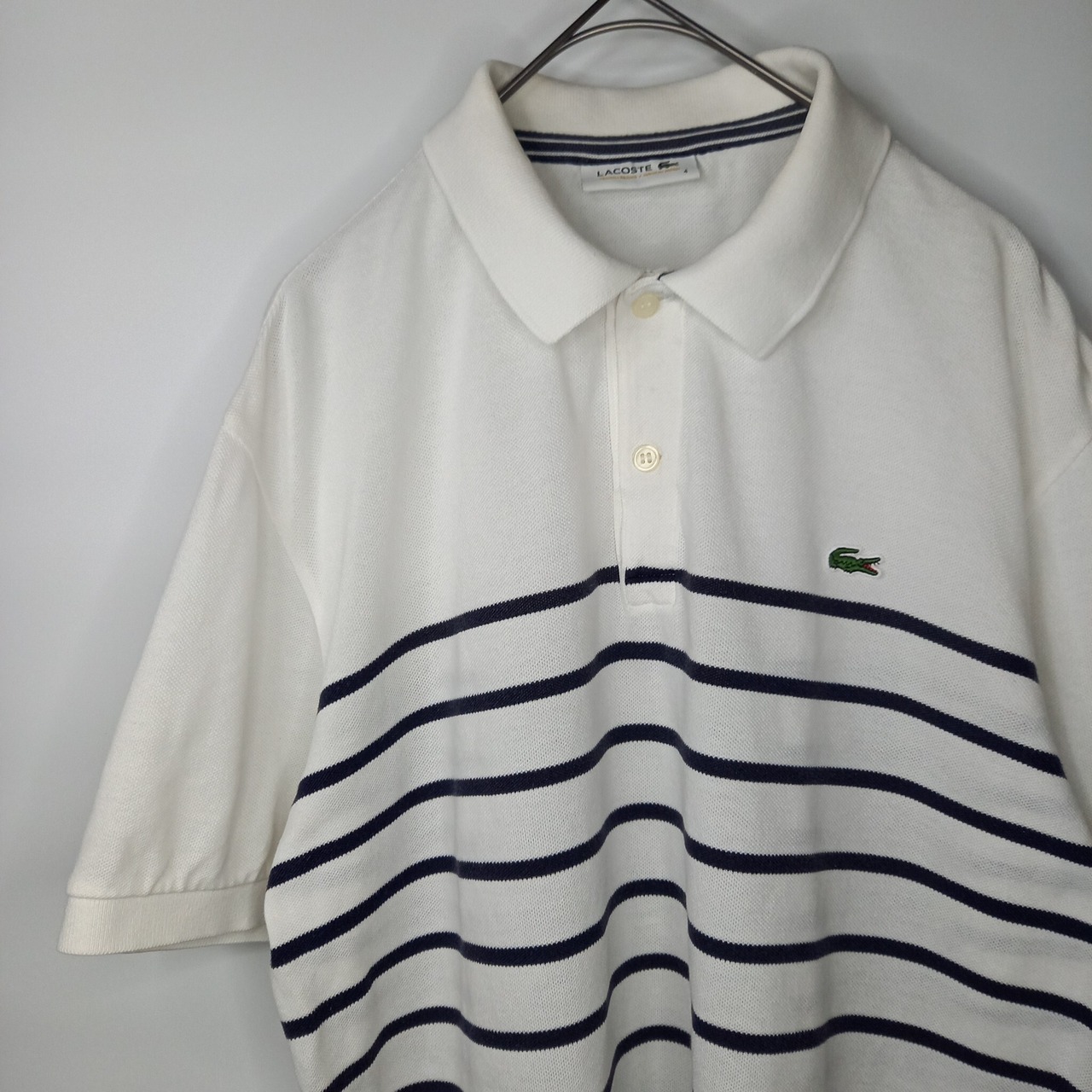 日本製　ラコステ　ポロシャツ　半袖　刺繍ロゴ　シェルボタン　ボーダー　ファブリカ