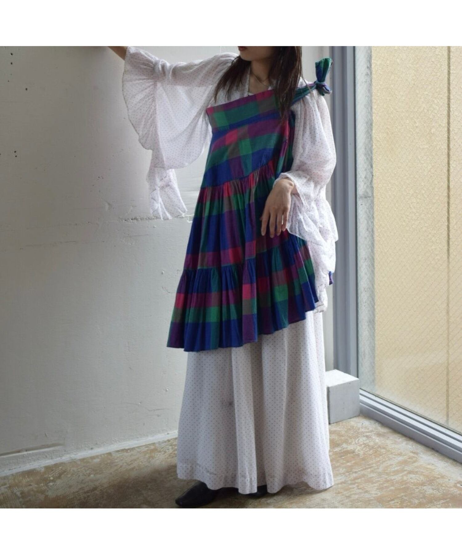 70sヴィンテージ 花柄シフォンフロッキーマキシドレス クラシカルワンピース 60~70s ヴィンテージワンピース シフォンワンピース ヒッピー ドレス
