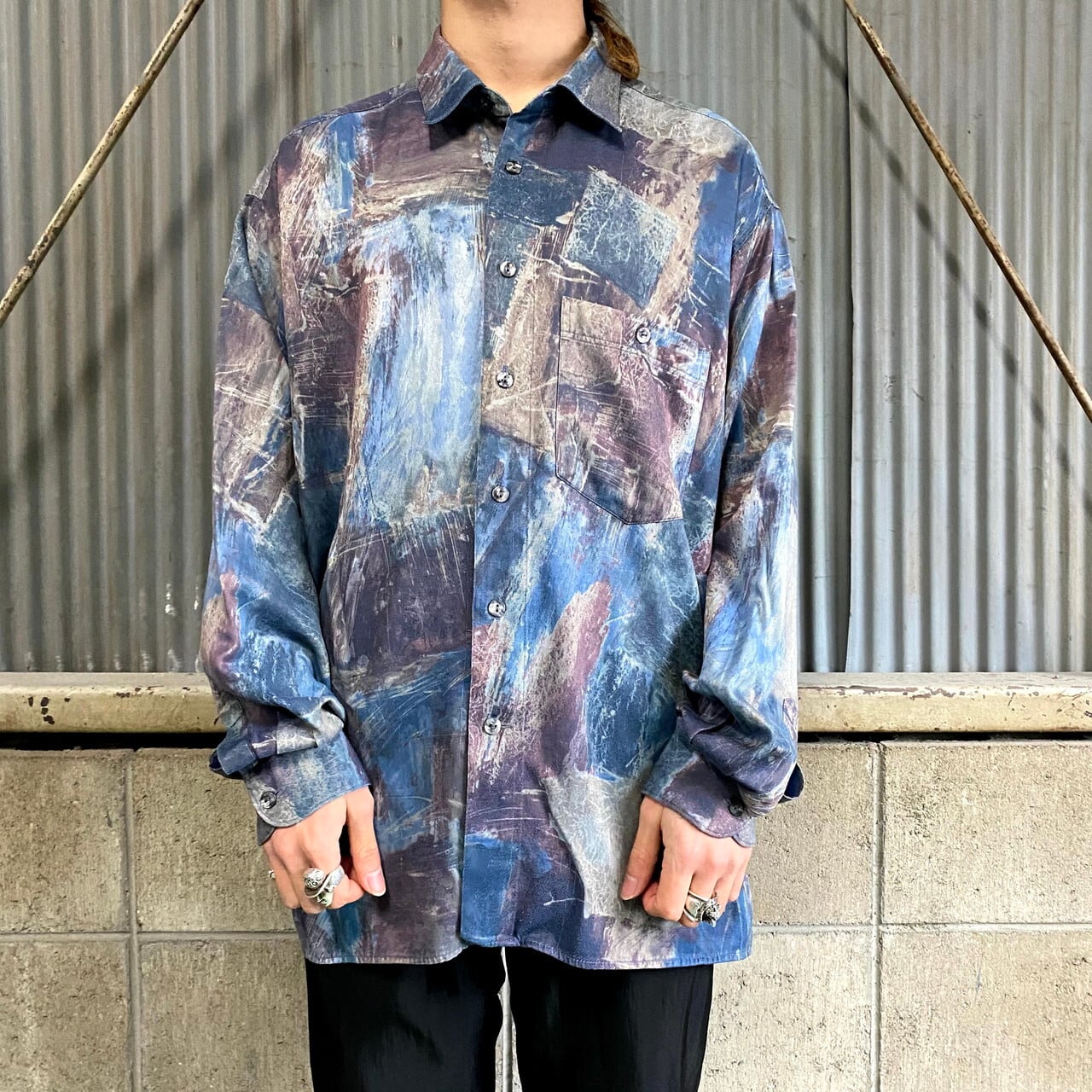 KING'S ROAD ペールトーン アート柄 長袖 レーヨン 総柄シャツ メンズ