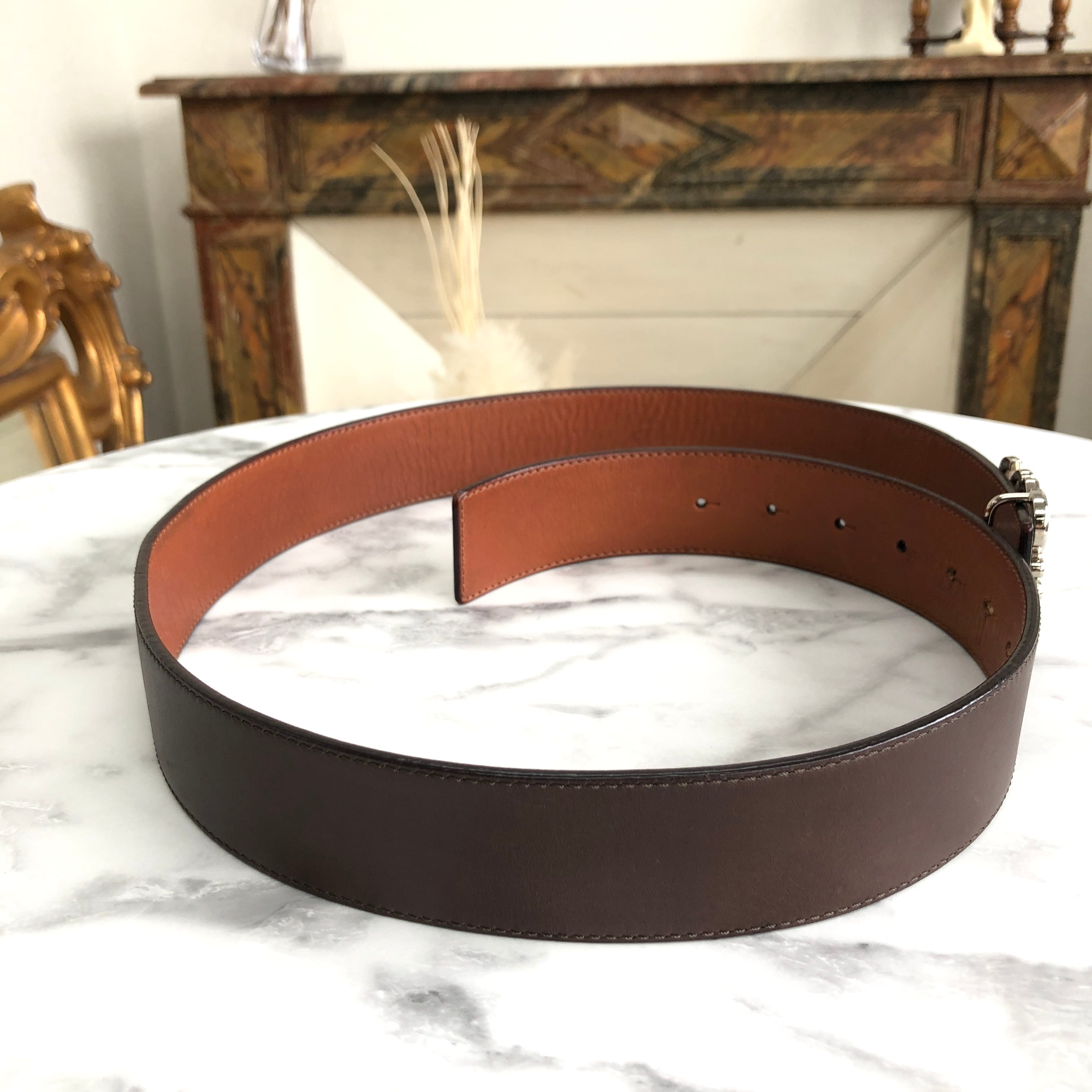 LOEWE ロエベ アナグラム レザー ベルト ブラウン×シルバー LOEWE ロエベ アナグラム レザー ベルト ブラウン×シルバー