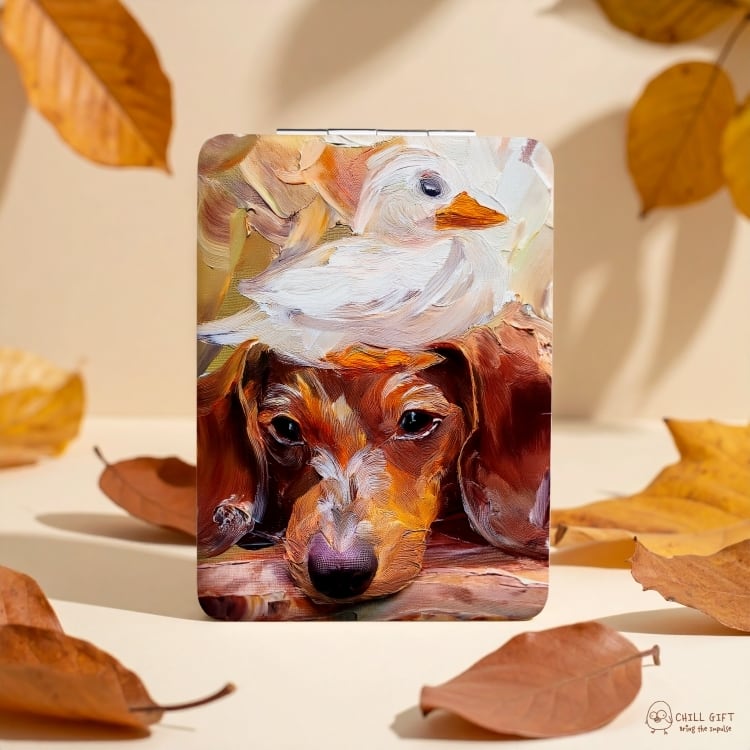 【拡大鏡付き!】手のひらの中の絵画展~ダックスフンドとダック~ コンパクトミラー ミニ手鏡 二つ折りミラー