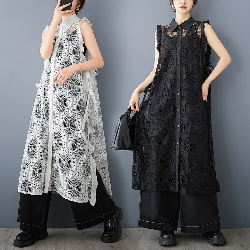 LACE SLEEVELESS SIDE SPLIT A-LINE MIDI SHIRT DRESS 2colors M-13005