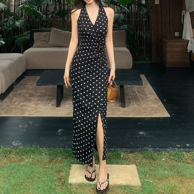 V neck elegant front slit polka dot long dress ( 2color )