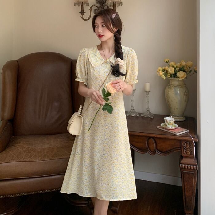 スリーブサマードレス カラーフローラル 大人ガーリー スウィート キュート カジュアル 夏物 花柄 1号婦人75297149715