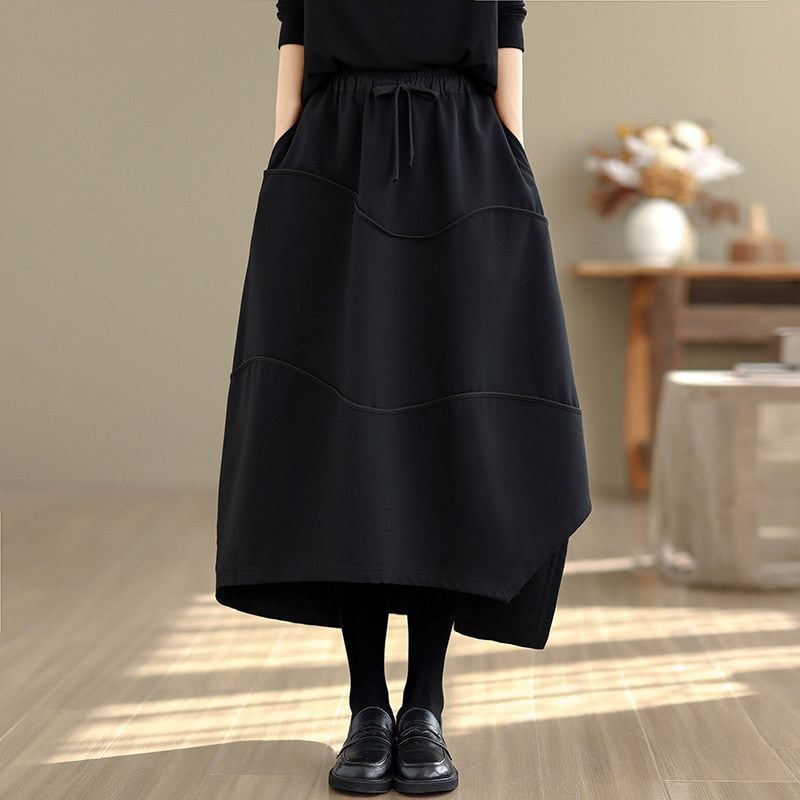 ASYMMETRIC ELASTIC WAIST A-LINE MIDI SKIRT M-18707