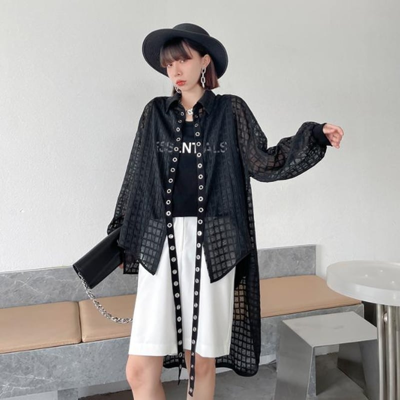 大人ゴシック モード系 メッシュ カーディガン ロング丈 シースルー