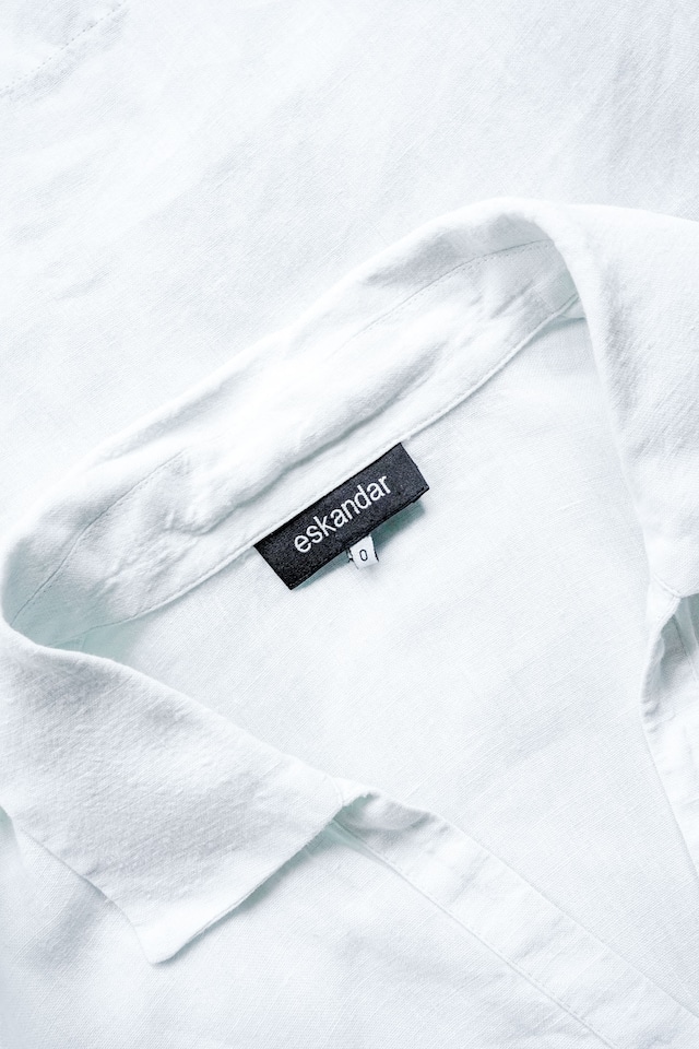 90's "eskandar" White-Green Color Pure Linen Pullover Short Sleeve Shirt