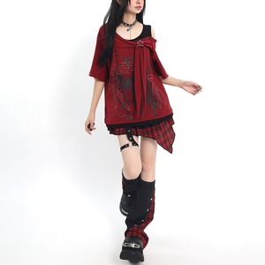 リボンアシンメトリーオープンショルダーTシャツ(lli_7100)