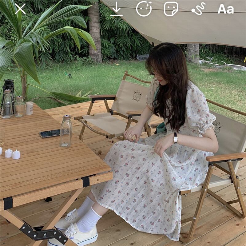 スタンダードレースシフォンドレス サマー薄手スカート フローラルAライン レトロ 夏物 花柄 萌量不足3173639954