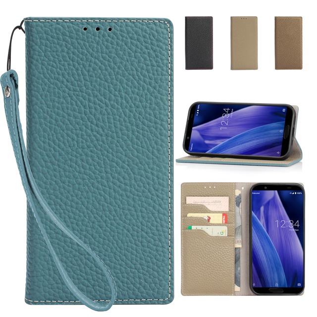 Clicsun AQUOS sense3 ケース 高級牛本革ケース 手帳型 sense3 lite SH-02M SHV45 sense3 basic用 Android One S7 兼用 アクオス センス3/アンドロイドワン S7 カバー 本革 レザー カバー スタンド機能 ストラップ付き マグネット式 カードポケット ギフトボックス付き ブルー×グレー