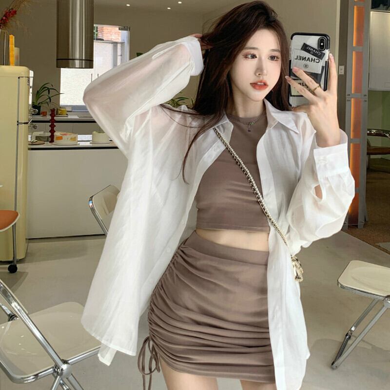 薄手ホルターシャツ ショートノースリーブギャザースカート サマー 半袖 ハーフスリーブ ストリート 夏物 ガールズファッション4716552551