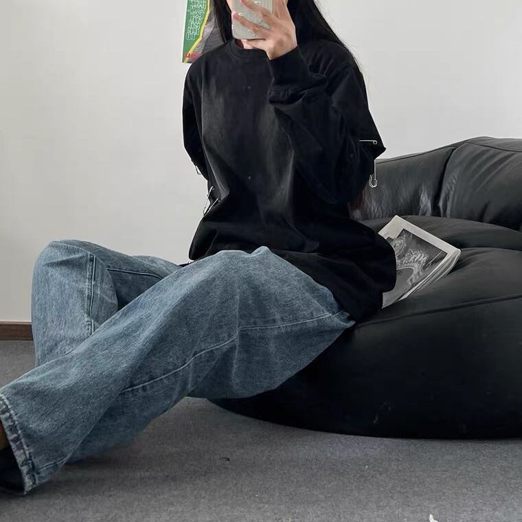 Tシャツ 安全ピン ダメージ加工 ウォッシュ加工 オーバーサイズ ロンT