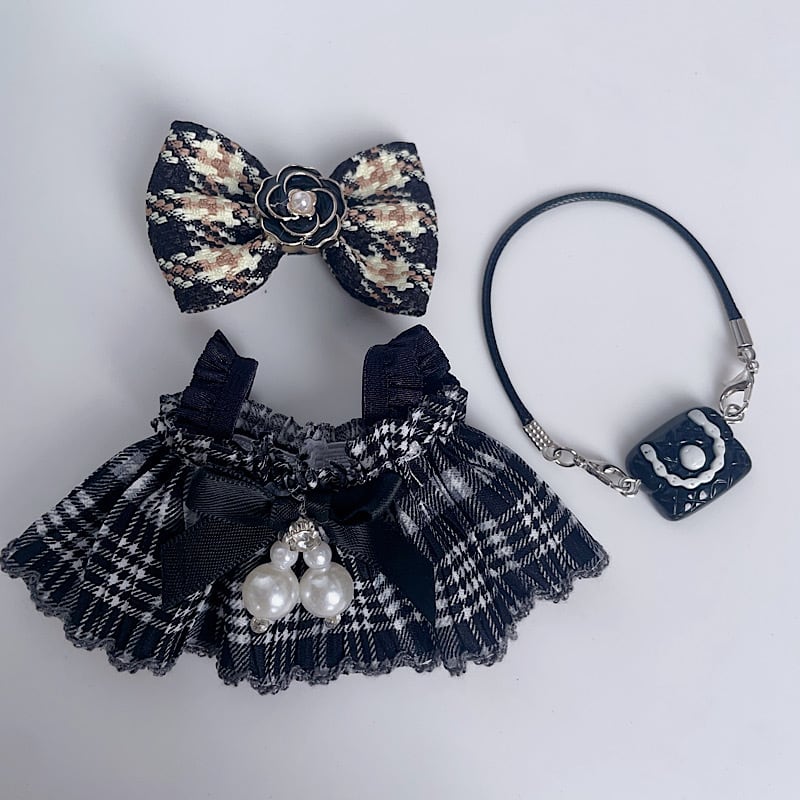 Labubu 1-3世代対応 レトロ チェック柄ワンピース+ヘアアクセサリー+