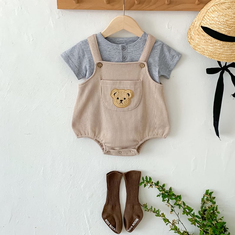 BABY】夏作ワッフルくまちゃん刺繍サロペットロンパース | 韓国子供服