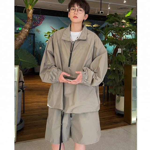 【予約販売】メンズ セットアップ 上下 ジップアップ ナイロン 長袖 ハーフパンツ シャカシャカ ストリート パーカー ブラック グレー ベージュ 韓国 ジム スポーツウエア カジュアル 春 夏 大きいサイズ M/L/XL/2XL/3XL