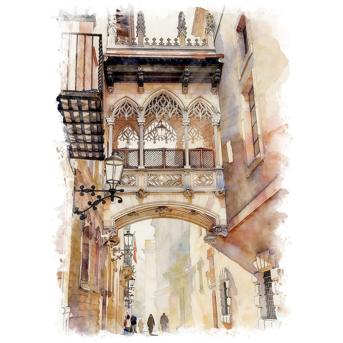 絵画 スペイン 風景画(街並み) エル・ポン・デル・ビスベ(司教橋) インテリアアート額付き 水彩画・油絵調 WAT0501