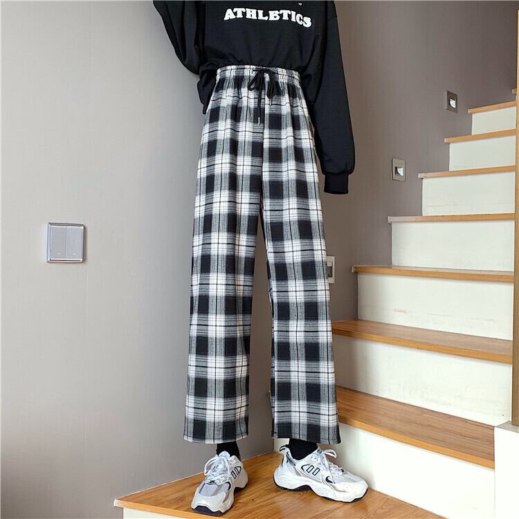 格子柄パンツ オータムウィンターハイウェスト薄手ルーズカジュアル 秋物 冬物 萌量不足11137300586