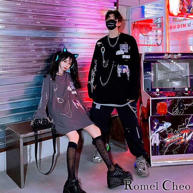 お支払い確認後日以内発送 Romelcheo ハンドカフス ダメージ ロンt 手錠 長袖 Tシャツ ロング丈 イラスト チェーン メンズ レディース ストリート系 原宿系 個性的 個性派 ロック パンク ダーク 病みかわ カジュアル ファッション ロメルチェオ Romelcheo