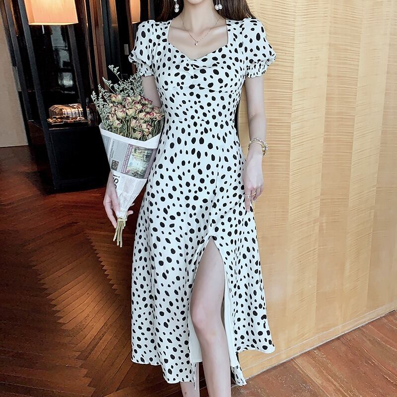 ホワイト水玉スタンダードドレス オータムスタイルカラーウェスト薄手Aラインロングスカート レトロ 秋物 ハンチェンe67972954384