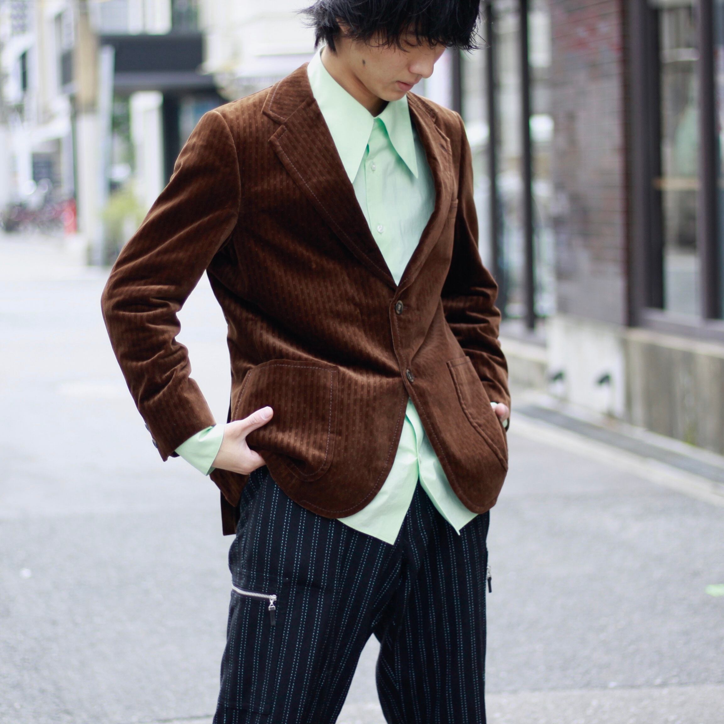 1225. 1970's German textile velvet tailored jacket ブラウン ベルベット ベロア  テーラードジャケット 70s 70年代 vintage 古着 web_pee