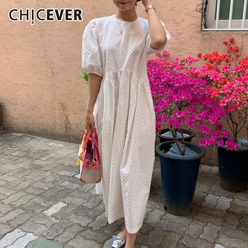 CHICEVERパッチワークドットドレス女性Oネックパフ半袖ウエストチュニックミディドレス夏服2020 ショート ハーフスリーブ サマー 夏物 6base565208798464
