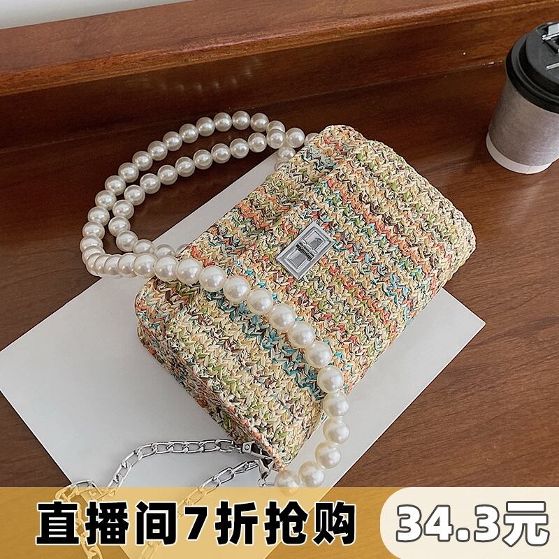 サマーパールチェーン 夏物 ストローバッグ 真珠 スクウェア メッセンジャーバッグ 手作りハンドバック35148303419