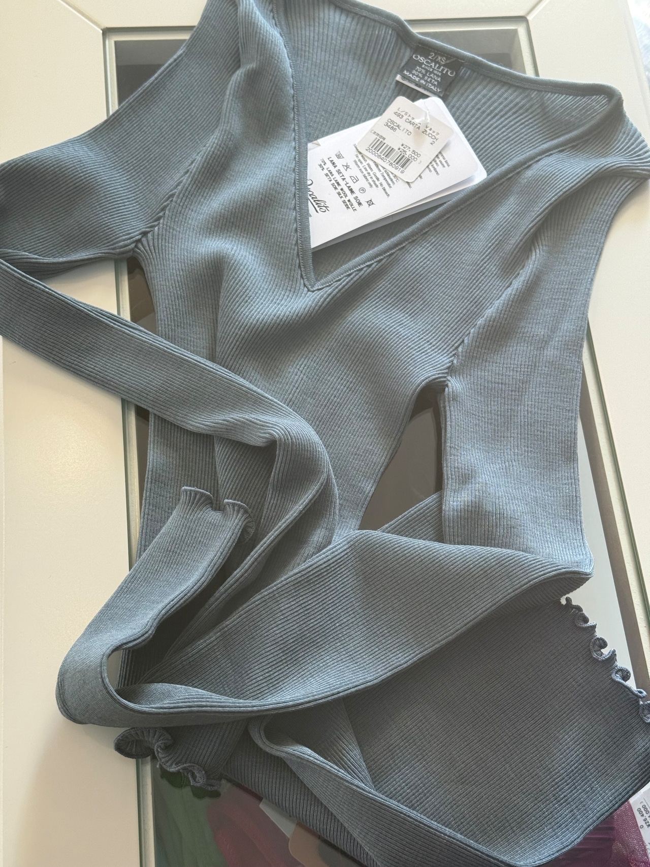 ウールシルク Vネック 長袖 DUSTY BLUE 2、3サイズ