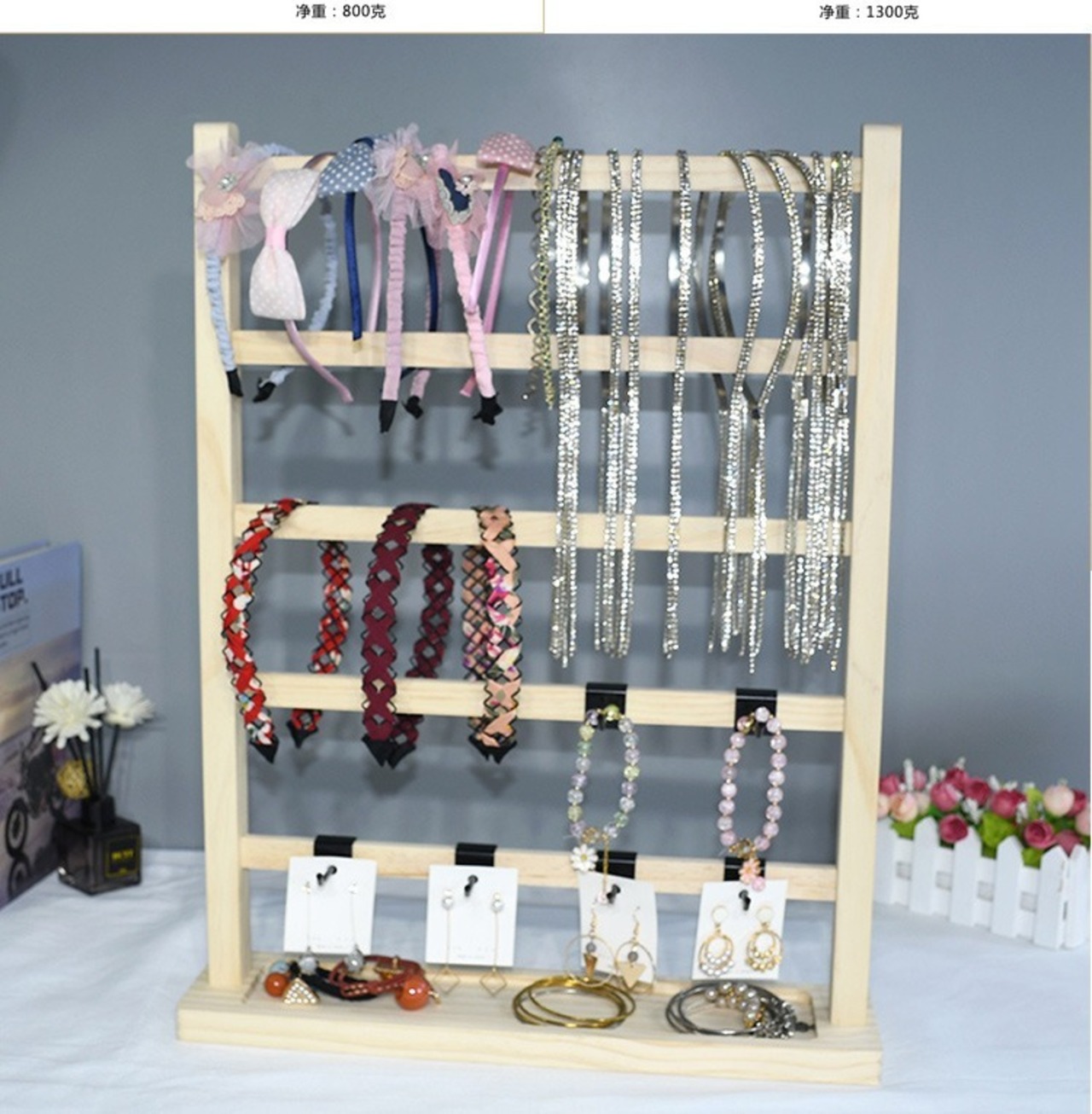 【木製 インテリア ディスプレイラック】卓上ラック フック32個付き 折りたたみ可能 アクセサリー キーホルダー ガチャポン オタクグッズ オタ活 装飾 見せるインテリア 北欧テイスト 大きめ 省スペース