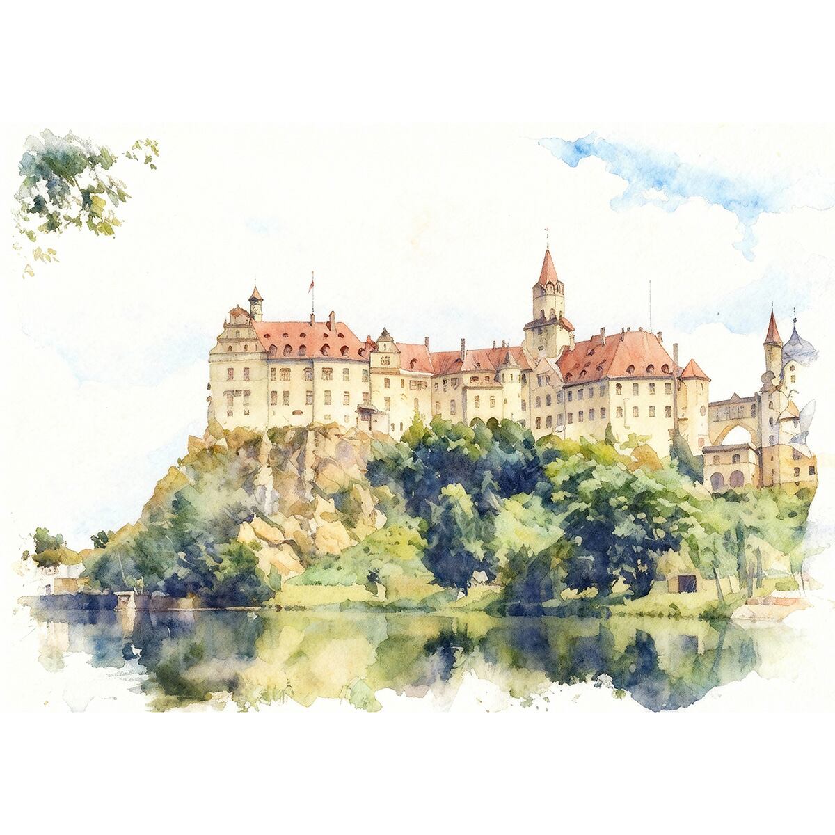 絵画 ドイツ 風景画 ジグマリンゲン城 インテリアアート額付き 水彩画・油絵調 WAT0250