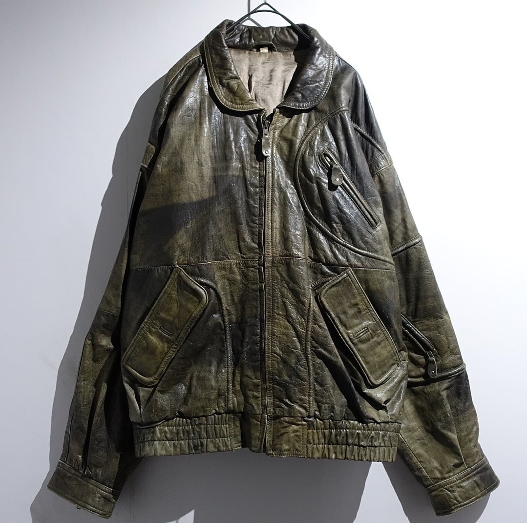 EURO Green Multi-Pocket Design Aged Leather Blouson