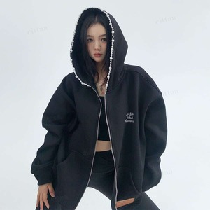 ★予約★D-389　2026秋冬新作♡ビジューラインフードジップアップスウェットパーカー　ブラック