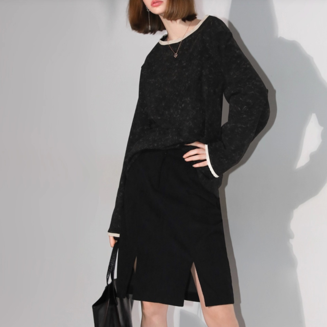 配色トリム 長袖 ドロップショルダー カットソー  00025・画像3