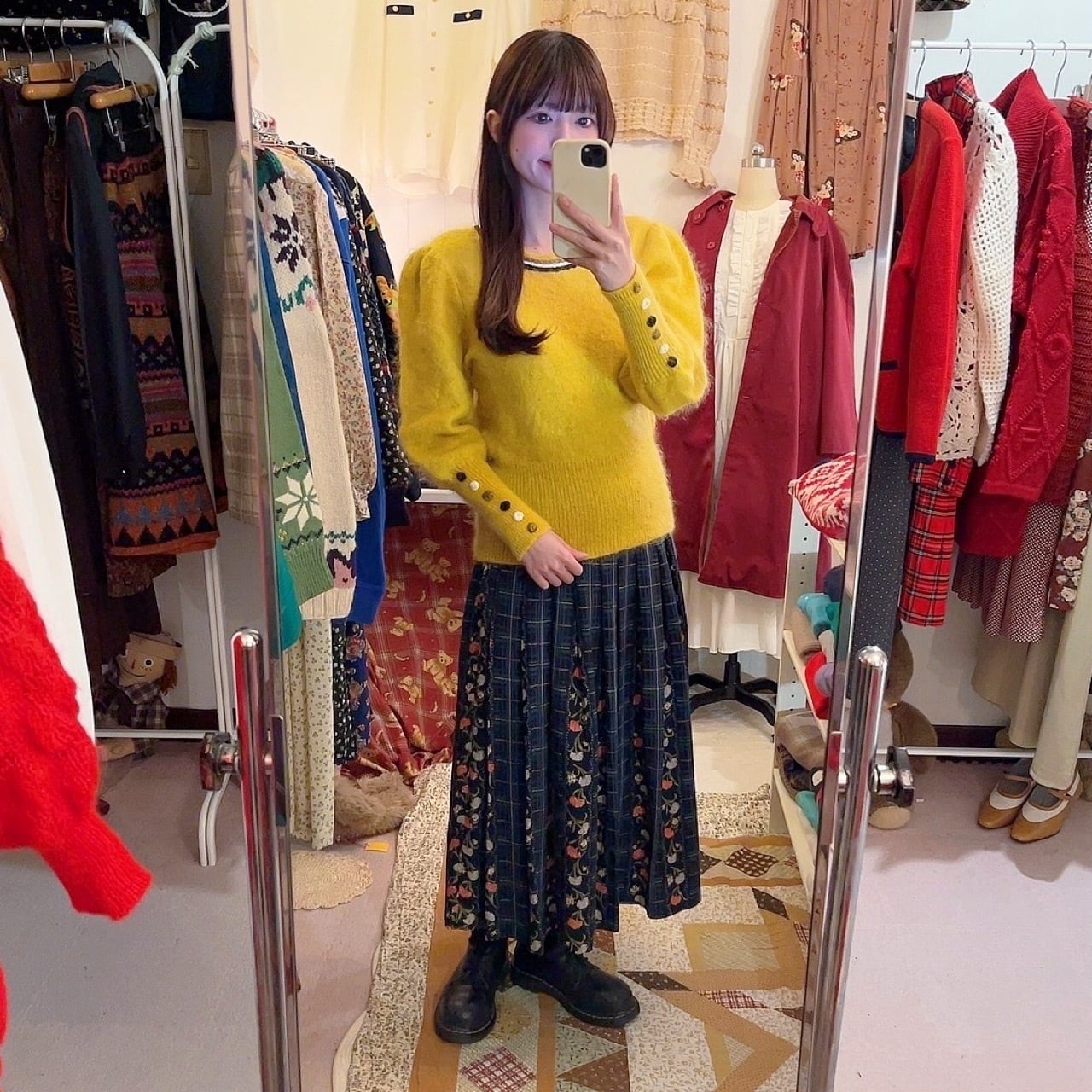 blue check flower tuck skirt