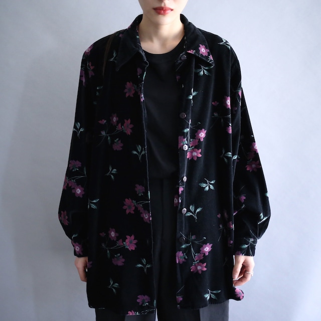 black base art flower pattern loose cotton velours shirt