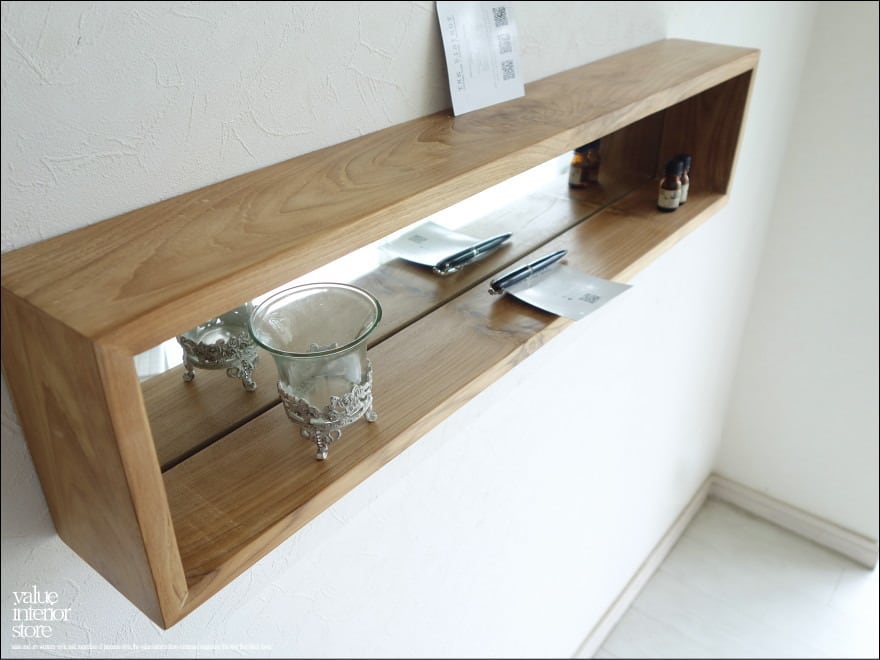 チーク総無垢 鏡 ウォールシェルフミラー N 収納棚付き鏡 ウォールミラー ナチュラル 壁掛シェルフ 無垢材 W88cm 送料無料