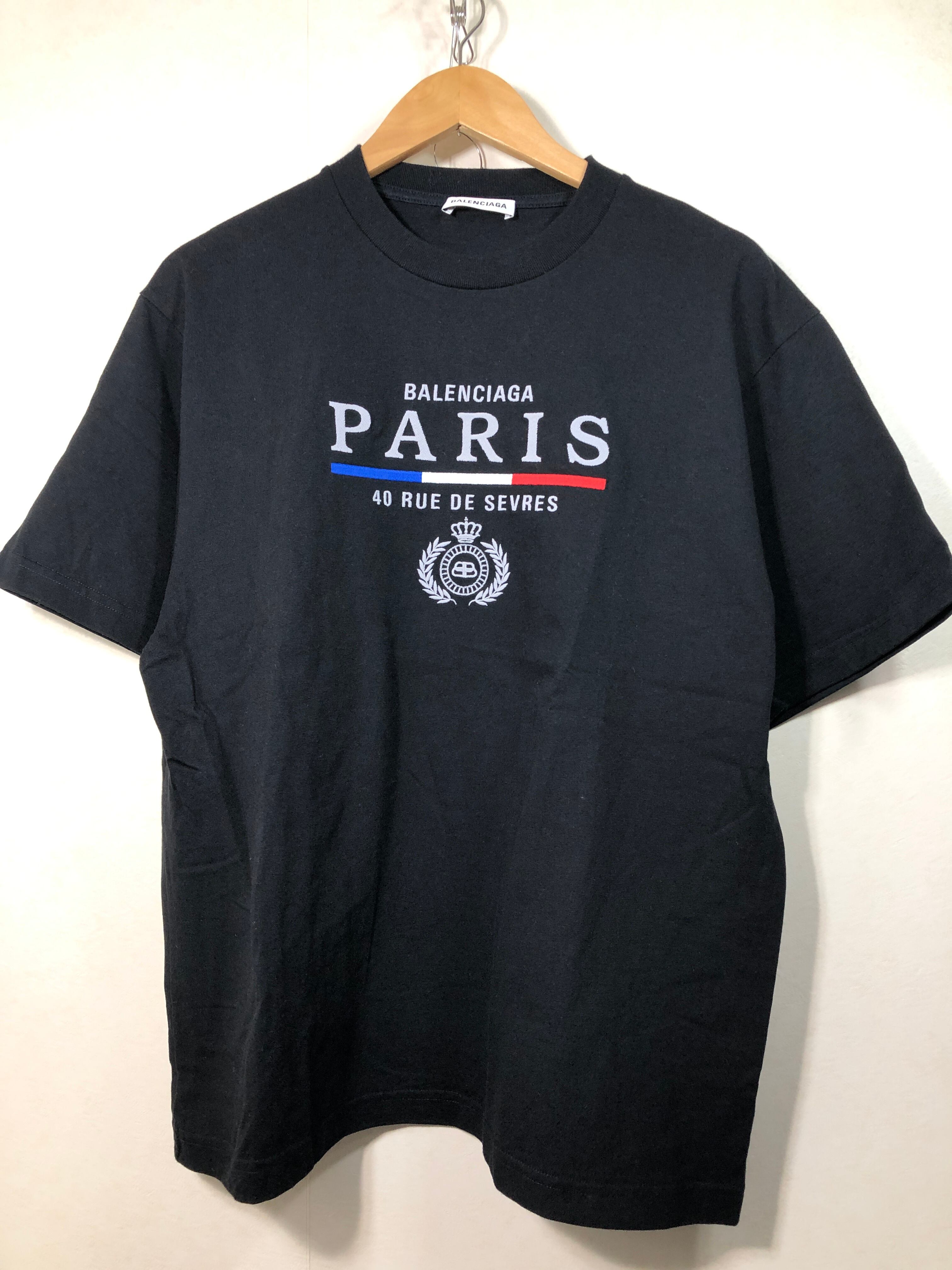 010592○ BALENCIAGA Paris 刺繍 Tシャツ M ブラック パリス 